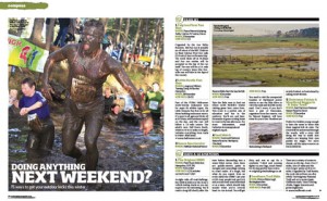 screen grab of page designs from the OAG magazine featuring photograph of spectacled man running through mud